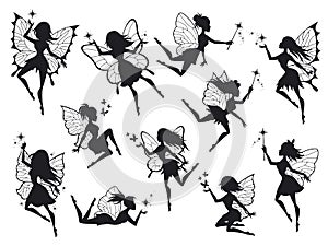 Fairy silhouettes. Magical fairies with wings, mythological winged flying fairytale characters print design outline photo