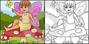 Fairy Sitting On A Mushroom Coloring Illustration