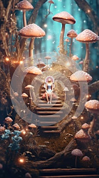A fairy sitting on a set of stairs in a forest. Generative AI image.