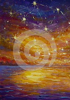 Fairy Sky with Shining Stars at Sunset Oil Painting