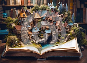 fairy story coming to life on the pages of a magical open book with a fairytale village