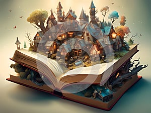 fairy story coming to life on the pages of a magical open book with a fantasy village