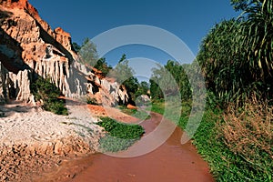 Fairy Stream Canyon. Red river between rocks and jungle. Mui Ne. Vietnam