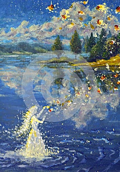 fairy tale acrylic oil painting Fairy shamanic girl angel creates magic on the water