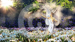 Fairy-tale angel in a paradise magic garden with white lilies. Valentine`s day greeting card. Flower landscape.