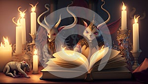 fairy tale animals with book and candles