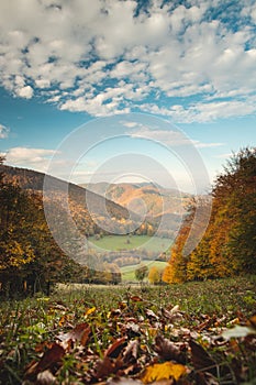 Fairy-tale autumn landscape with colourful leaves and a view of the valley and a blue sky with white clouds. Mojtin, Strazov