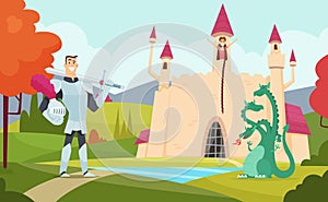 Fairy tale background. Outdoor fantasy landscape with funny magical characters vector cartoon world