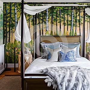 Fairy Tale Bedroom: A fairytale-inspired bedroom with a four-poster canopy bed, twinkling string lights, and whimsical murals de photo