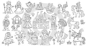 Fairy tale black and white characters and objects collection. Big vector set with line fantasy princess, king, queen, witch,