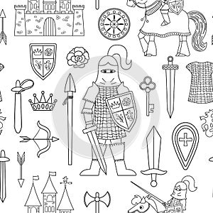 Fairy tale black and white knight armor seamless pattern. Repeat line background with fantasy armored warrior and castle.