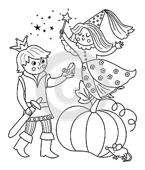 Fairy tale black and white prince with fairy, pumpkin, lost shoe, mouse. Vector line fantasy young monarch icon. Medieval