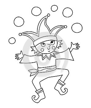 Fairy tale black and white vector buffoon. Fantasy line juggler in funny hat. Fairytale court yard character. Cartoon magic clown