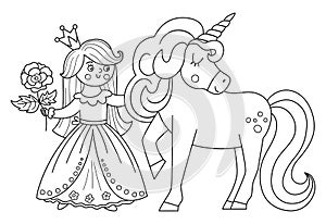 Fairy tale black and white vector princess with unicorn and rose. Fantasy girl in crown coloring page. Medieval line fairytale