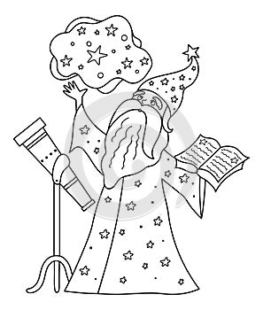 Fairy tale black and white vector stargazer with telescope holding spell book. Fantasy line wizard in tall hat. Fairytale