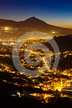 Fairy-tale Blue Hour Nigth Scenery Over La Laguna and Teide Volcano, Tenerife, Canary Islands, Spain