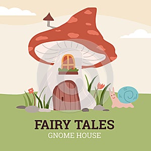 Fairy tale card or poster with gnome mushroom house, flat vector illustration.