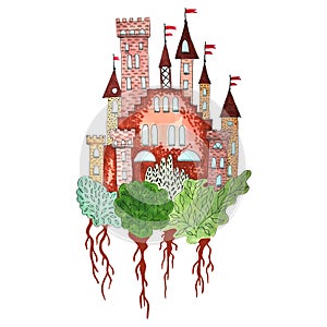 Fairy tale cartoon flat landscape with castle. fantasy palace with towers, fantasy fairy house.