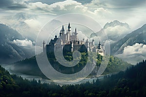 Fairy-tale castle on a background of mountains. Fantasy landscape, Magic castle in foggy morning. Fairytale landscape with castle