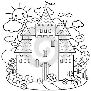 Fairy tale castle and beautiful garden. Vector black and white coloring page.