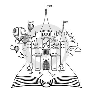 Fairy-tale castle on book coloring vector image