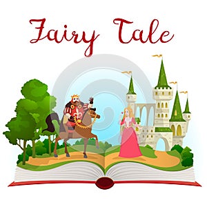 Fairy tale castle book. Open book with fantasy kingdom tower, prince on horse and princess near palace. Cartoon vector