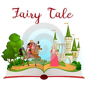 Fairy tale castle book. Open book with fantasy kingdom tower, prince on horse and princess near palace. Cartoon vector photo