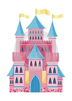 Fairy tale castle. Cartoon fantasy palace with towers, vector medieval fort or fortress. Fairy tale kingdom house