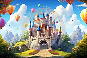 Fairy tale castle with colorful balloons in the sky - illustration for children, A fairy tale castle with floating balloons and
