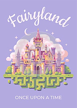 Fairy tale castle flat illustration poster. Fairyland kid book cover photo