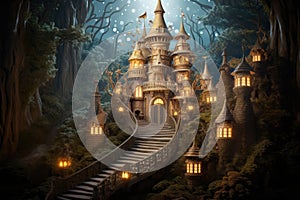 Fairy tale castle in the forest. Fantasy landscape. 3D rendering, fairytale castle where the fairies and goblins live together in