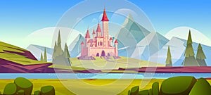 Fairy tale castle in mountain valley with river
