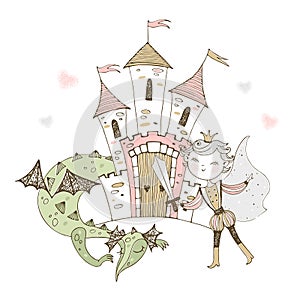 A fairy-tale castle with a Prince and a dragon. Vector