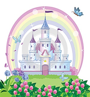 Fairy-tale castle for Princess, magic kingdom. Vintage Palace and beautiful flower meadow with rainbow. Wonderland. Vector.