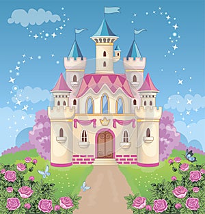 Fairy tale castle for Princess, magic kingdom. Vintage tower on a fabulous background. A toy palace for a girl. Flower meadow.