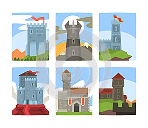 Fairy Tale Castle with Stone Tower, Castellation Walls and Flags Vector Set