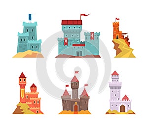 Fairy Tale Castle with Stone Tower, Castellation Walls and Flags Vector Set