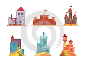 Fairy Tale Castle with Stone Tower, Castellation Walls and Flags Vector Set