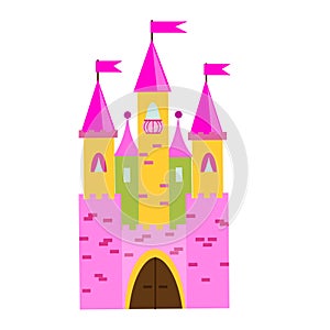 Fairy tale castle with turrets. Princess pink palace. Vector illustration for children, kids tales