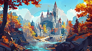 A fairy tale castle with turrets surrounded by water, a rocky road leading to a fantasy fortress gate are depicted in an