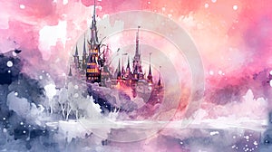 Fairy tale castle in the watercolor background. Digital art painting. Selective focus