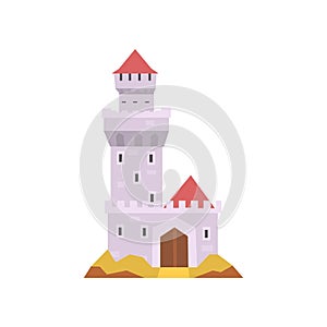 Fairy-tale castle on white. Stone fort with tower, wooden gate and red cone roof. Medieval building. Flat