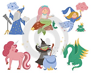 Fairy tale characters collection. Vector set of fantasy witch, unicorn, dragon, fairy, magician, mermaid, frog prince. Medieval