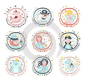 Fairy Tale Characters Girly Stickers In Round Frames