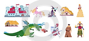 Fairy tale characters. Medieval cartoon castles and persons, kings wizards dragon and knight. Vector flat prince and