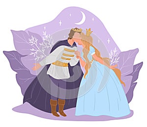 Prince and princess kissing at night, fairy tale