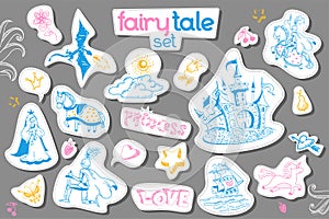 Fairy tale childish sticker set with doodle hand drawn castle, unicorn, flowers, princess, heart, dragon, knight