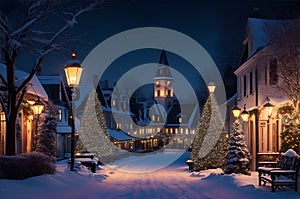 A fairy-tale Christmas night in an old European city with a Christmas tree and lights, AI generation