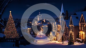 A fairy-tale Christmas night in an old European city with a Christmas tree and lights, AI generation