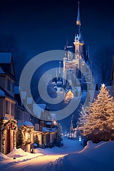A fairy-tale Christmas night in an old European city with a Christmas tree and lights, AI generation
